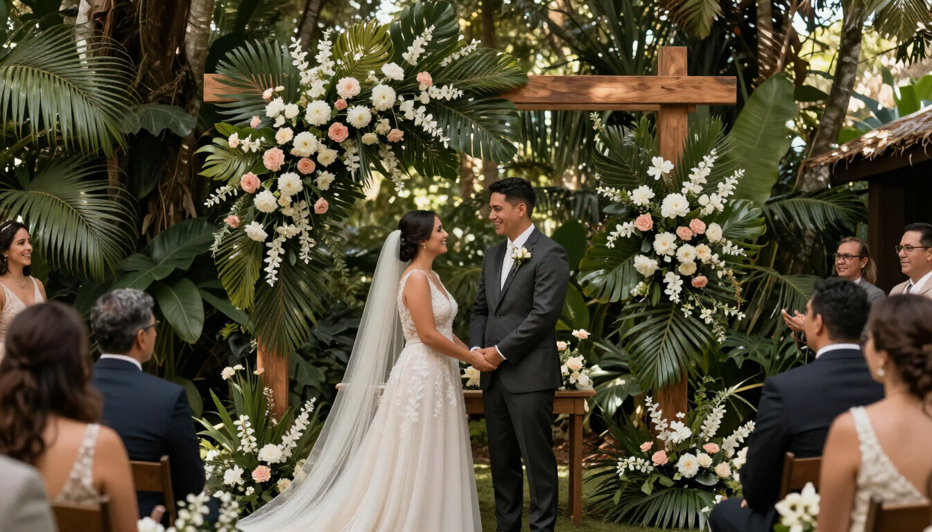 Los novios intercambian sus votos bajo un arco floral durante una ceremonia de boda al aire libre