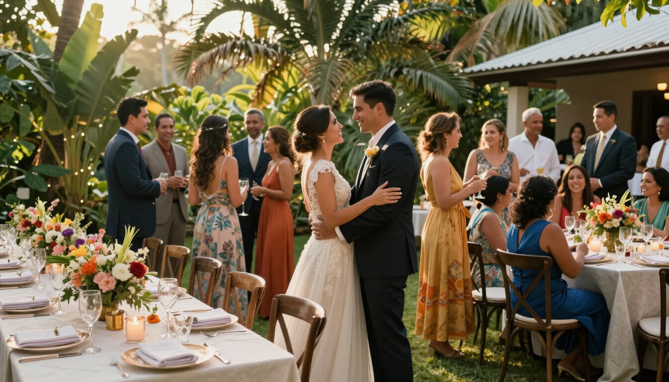 Recepción de boda al aire libre, con una pareja bailando entre los invitados, mesas decoradas con flores 