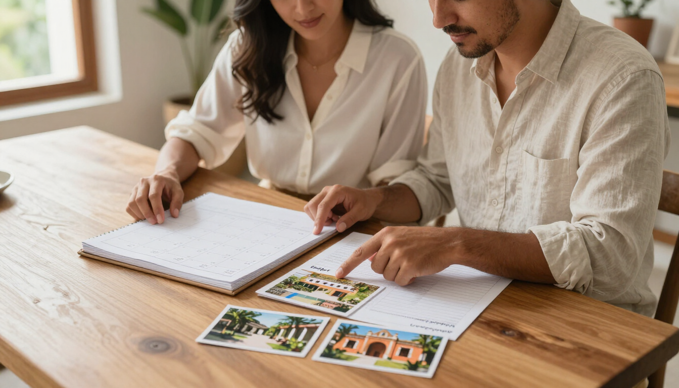Dos personas revisan un cuaderno y unos folletos inmobiliarios en una mesa de madera