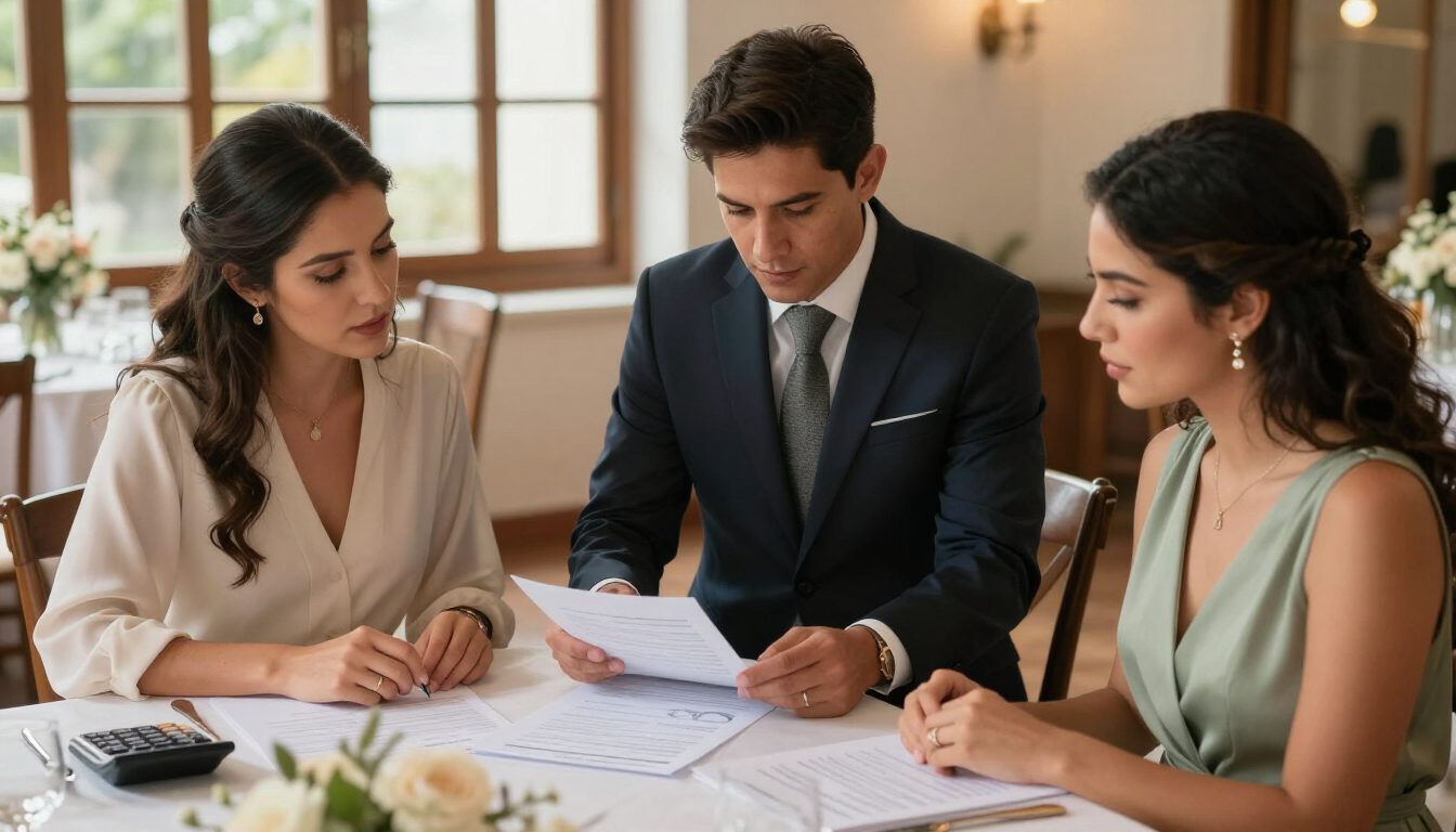 Tres profesionales revisan documentos alrededor de una mesa en una oficina luminosa