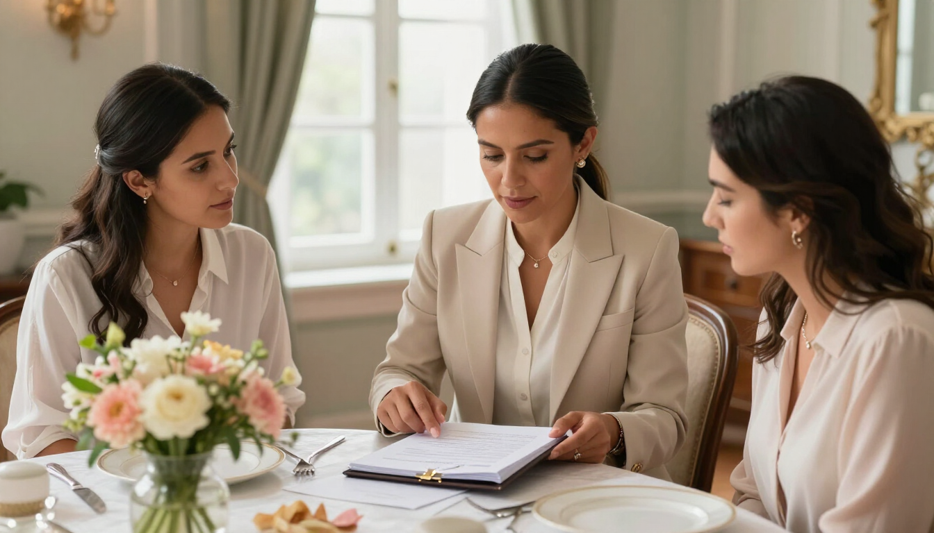 Tres mujeres revisan unos documentos junto a un arreglo floral en una sala de reuniones luminosa.