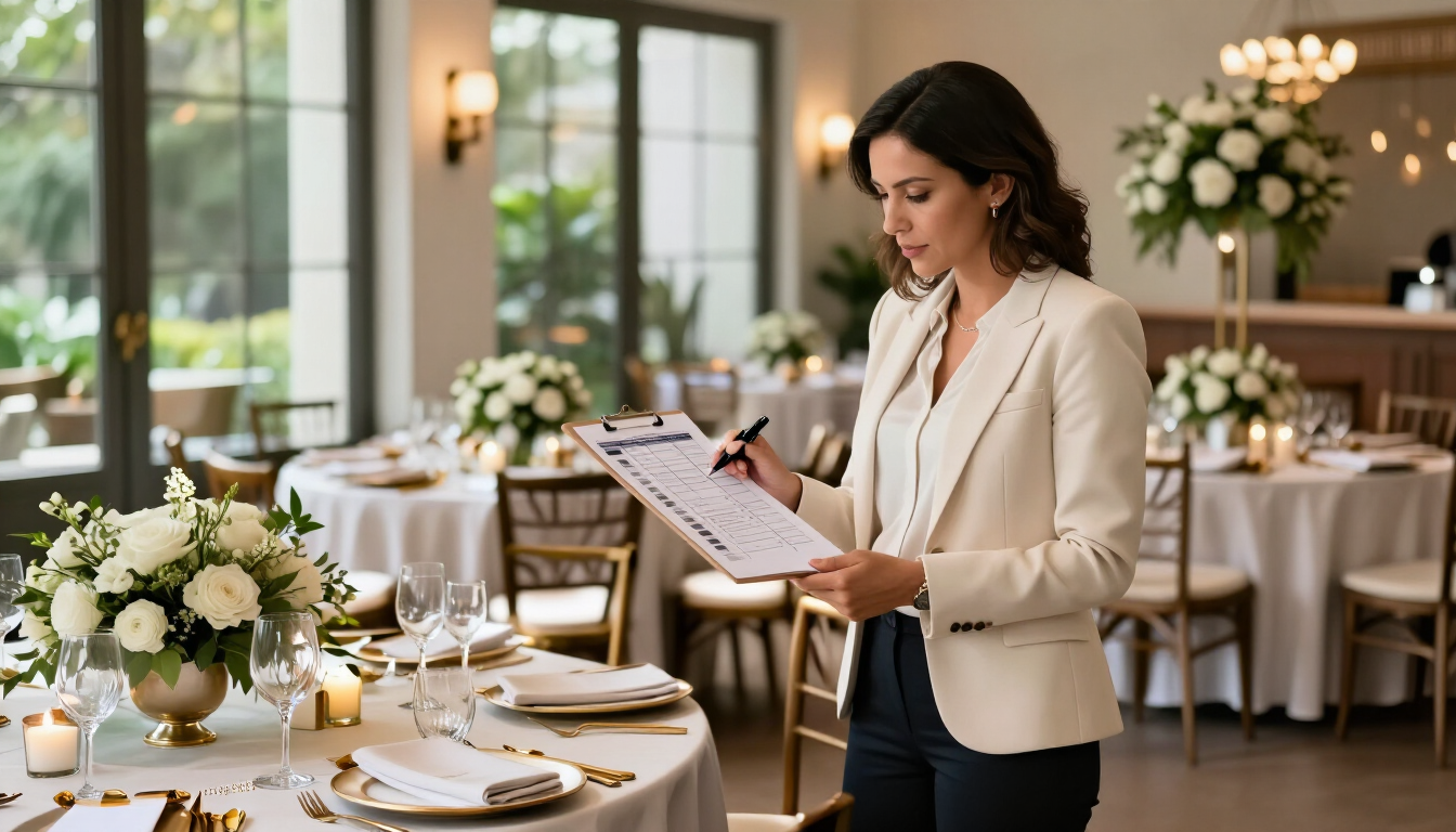Organizador de eventos repasando sus notas en un salón comedor decorado, con centros de mesa
