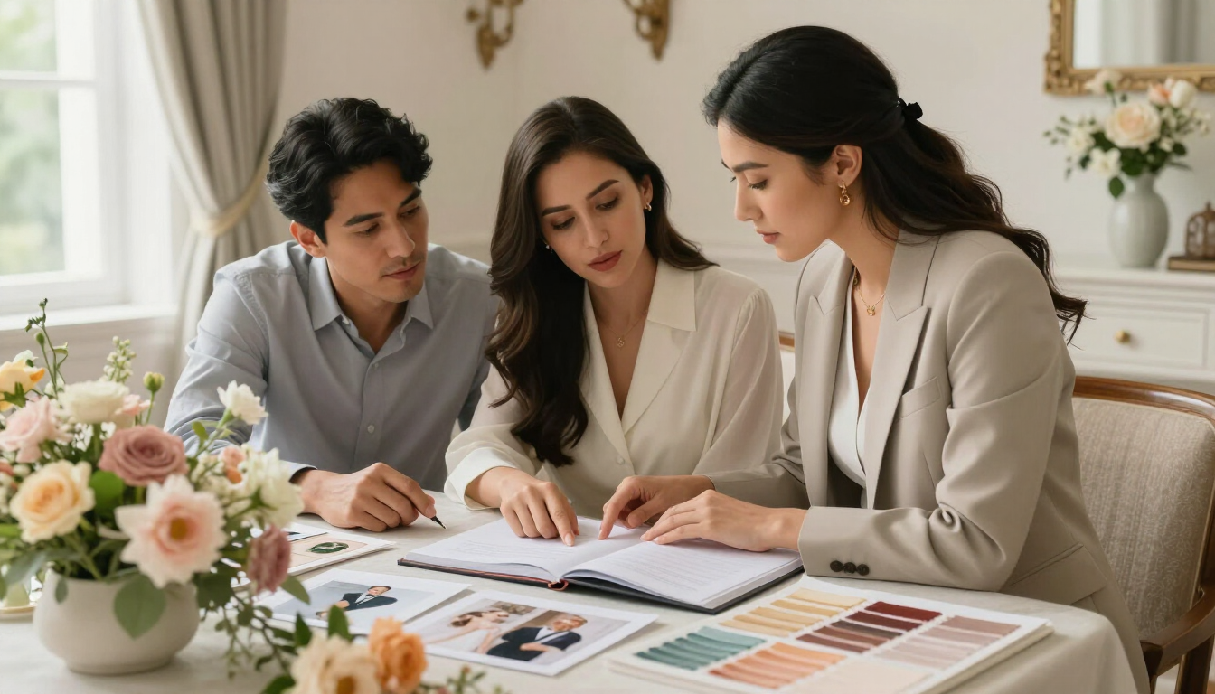 Tres personas revisan el diseño de una composición en una mesa con muestras de colores y arreglos florales.