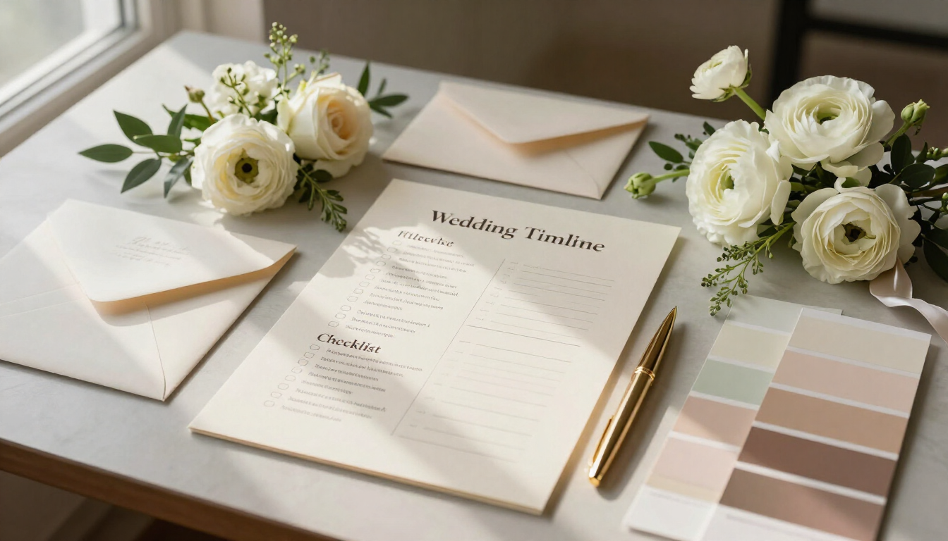 Papelería de invitación de boda con flores color crema, detalles dorados y muestras de color sobre una mesa