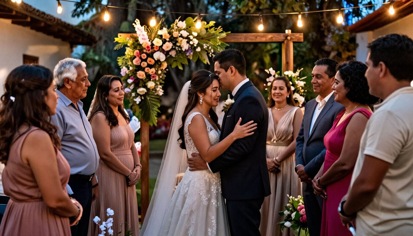 La pareja de recién casados se besa bajo un arco floral al aire libre