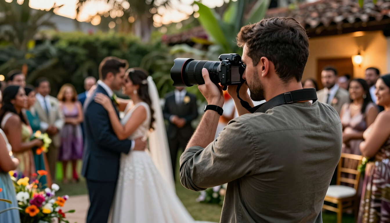 Un fotógrafo captura a una pareja de recién casados besándose durante una ceremonia al aire libre