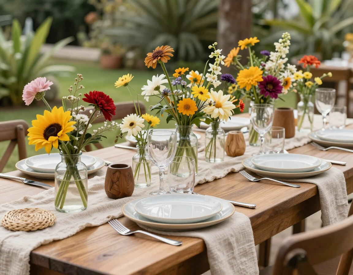 Mesa rústica de comedor al aire libre con jarrones de cristal llenos de flores silvestres de colores y platos