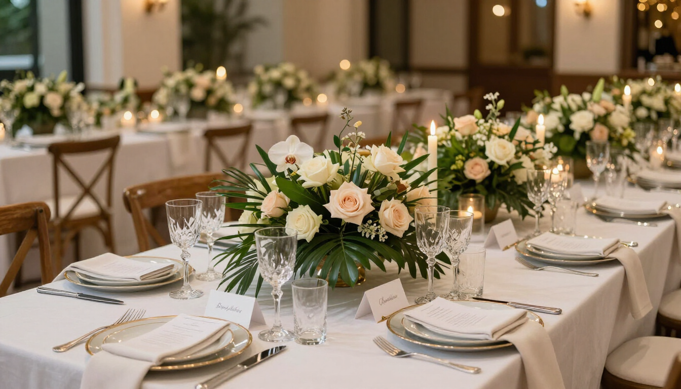 Elegante mesa de banquete con manteles blancos, sillas doradas y centros de mesa florales en tonos crema