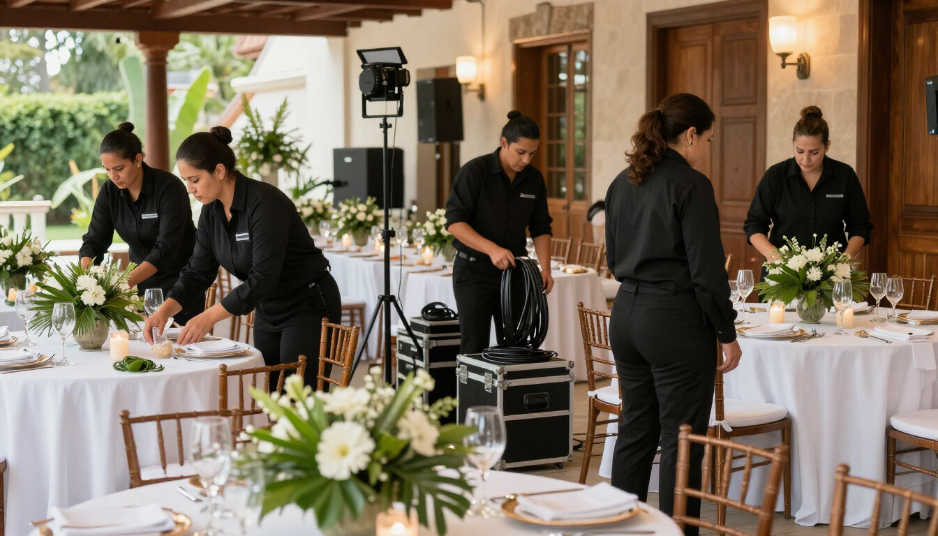 Personal de catering preparando mesas con manteles blancos en un comedor al aire libre, con centros de mesa florales y sillas