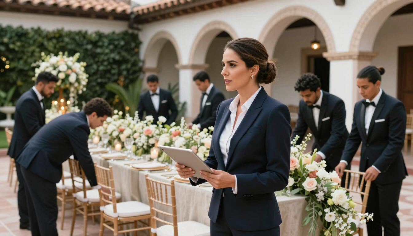 Personal del evento colocando mesas y flores en una recepción formal al aire libre en un patio