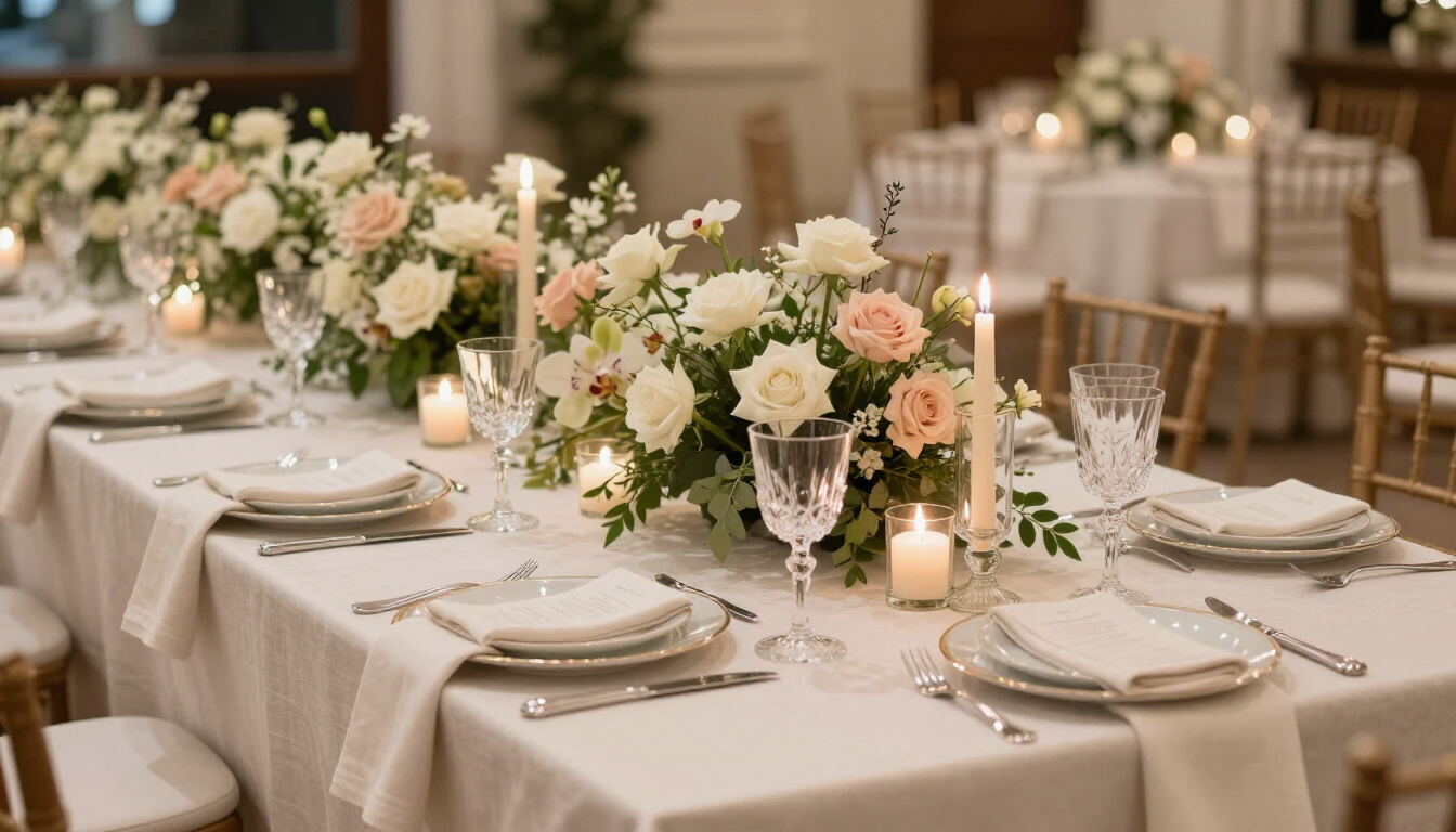 Mesas elegantes para banquetes con manteles color crema, sillas blancas y centros de mesa florales en tonos rosa