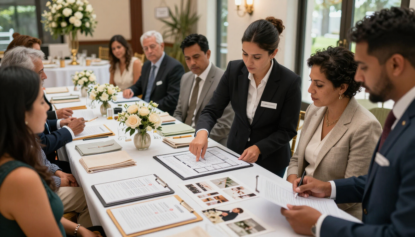 Personas revisando documentos en una mesa de reuniones formal, con flores blancas y papeles esparcidos.