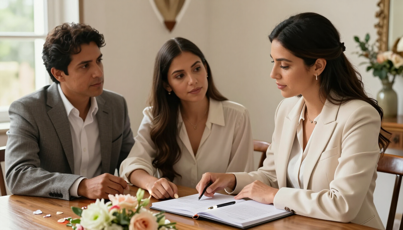 Tres compañeros comentan un documento en una mesa de una oficina luminosa