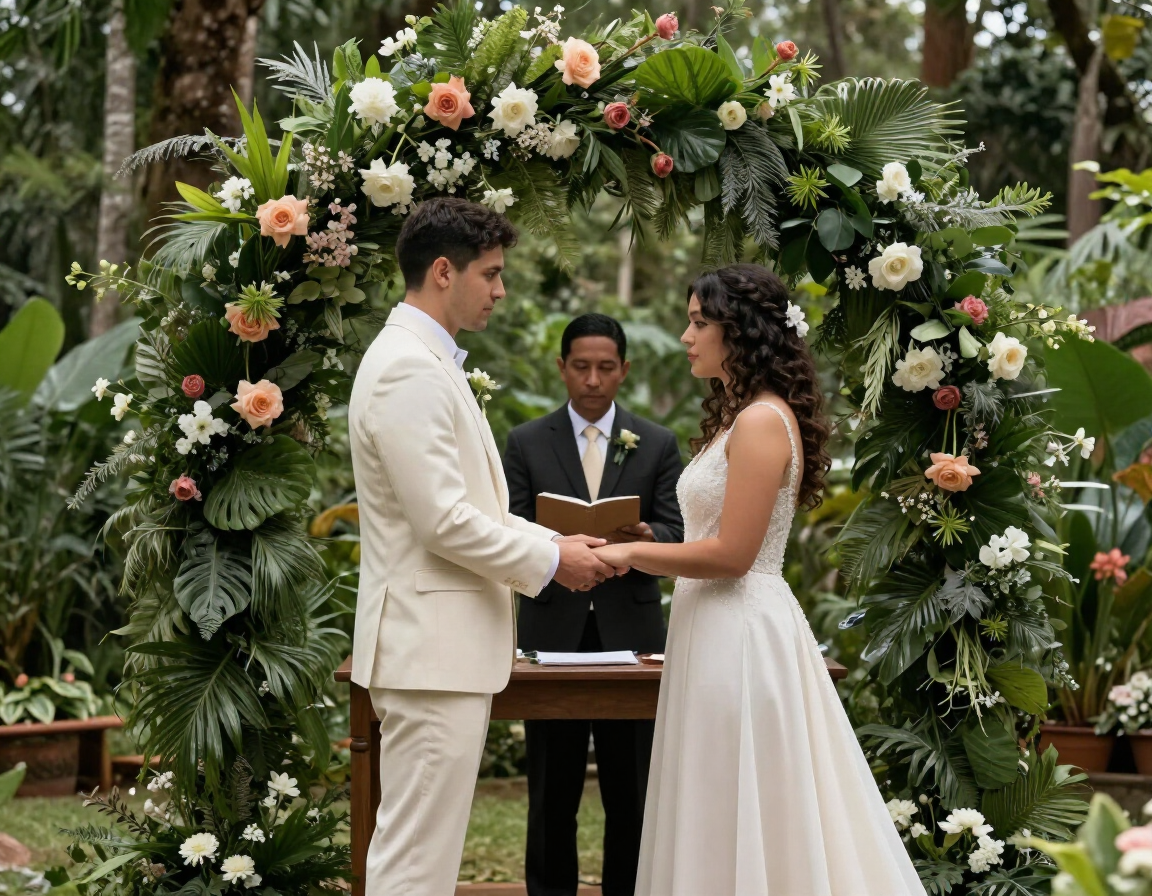 Una pareja intercambia sus votos bajo un arco floral durante una ceremonia de boda al aire libre