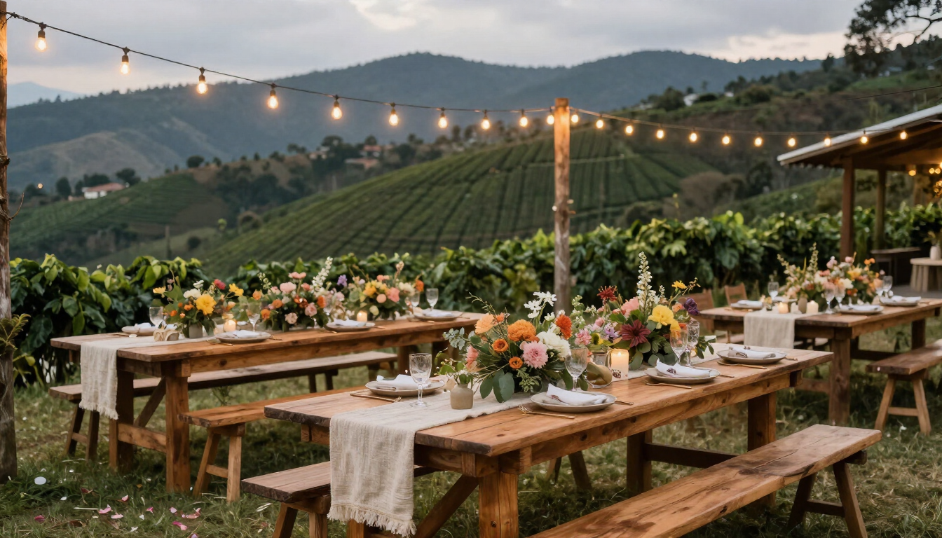 Recepción de boda rústica al aire libre, con mesas de madera, centros de mesa florales y guirnaldas de luces