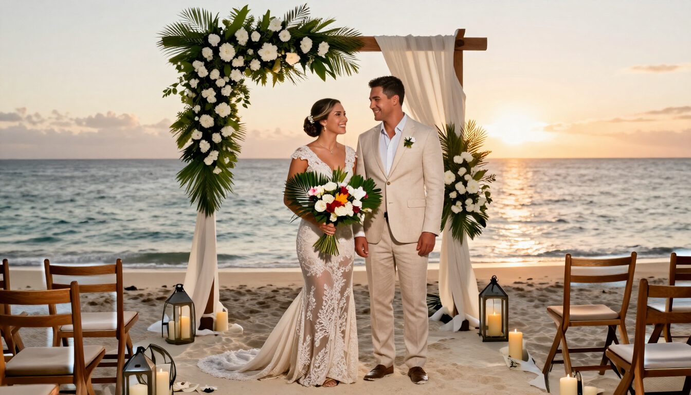 La novia y el novio, frente a frente con sus ramos, bajo un arco floral en la playa al atardecer