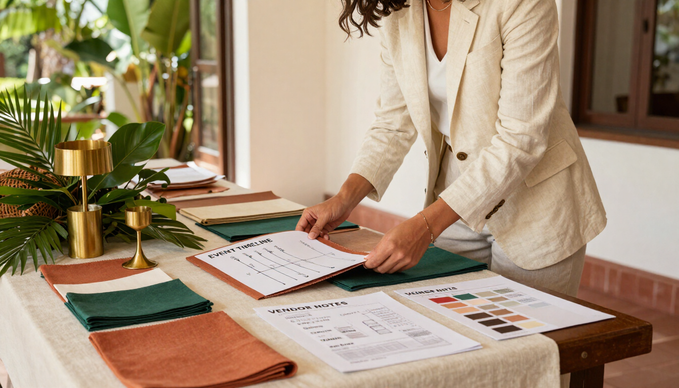 Persona colocando papeles y un cuaderno sobre una mesa con manteles individuales verdes y de color óxido.