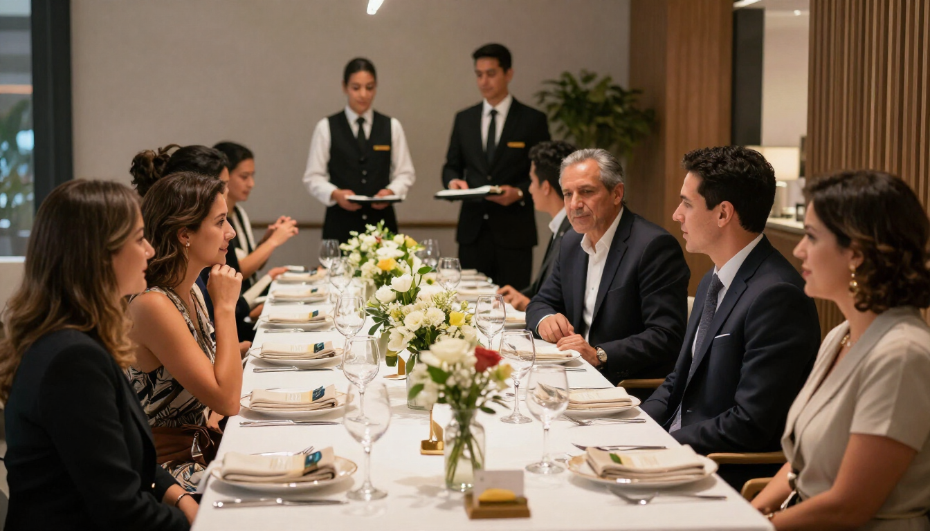 Reunión de negocios alrededor de una mesa larga, con seis personas y camareros de pie al fondo