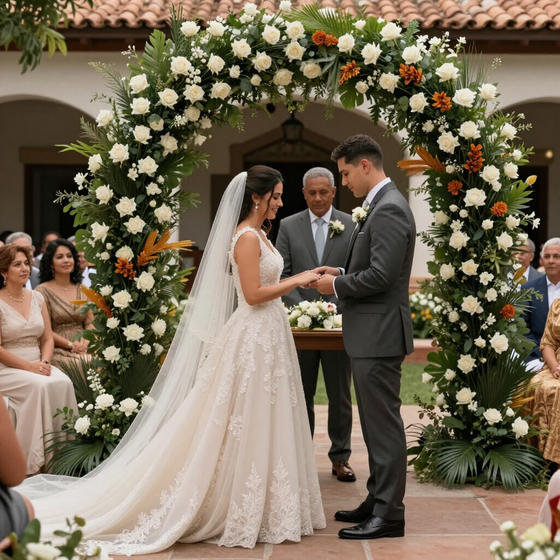 Los novios intercambian anillos bajo un arco de flores blancas en una ceremonia de boda al aire libre