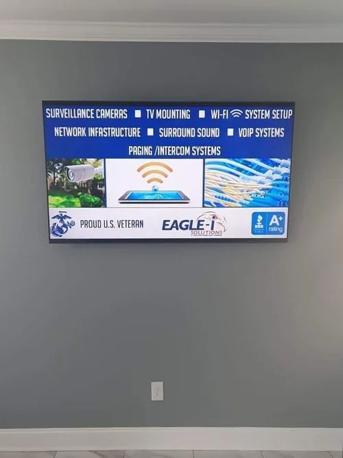 Wall-mounted blue sign listing virtual dental consultation services with a laptop graphic and company logos.
