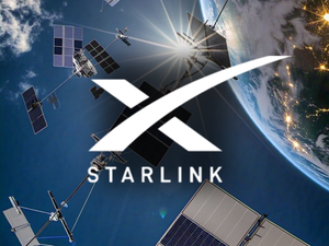 Starlink logo over Earth with several satellites in orbit and sunlight flaring behind them