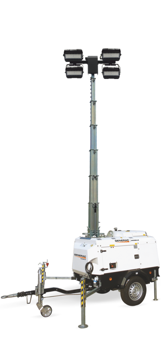 Portable telescoping light tower trailer with four floodlights and stabilizing outriggers on white background