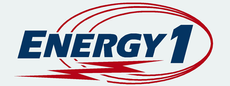 A blue and red logo for energy 1 with a lightning bolt.