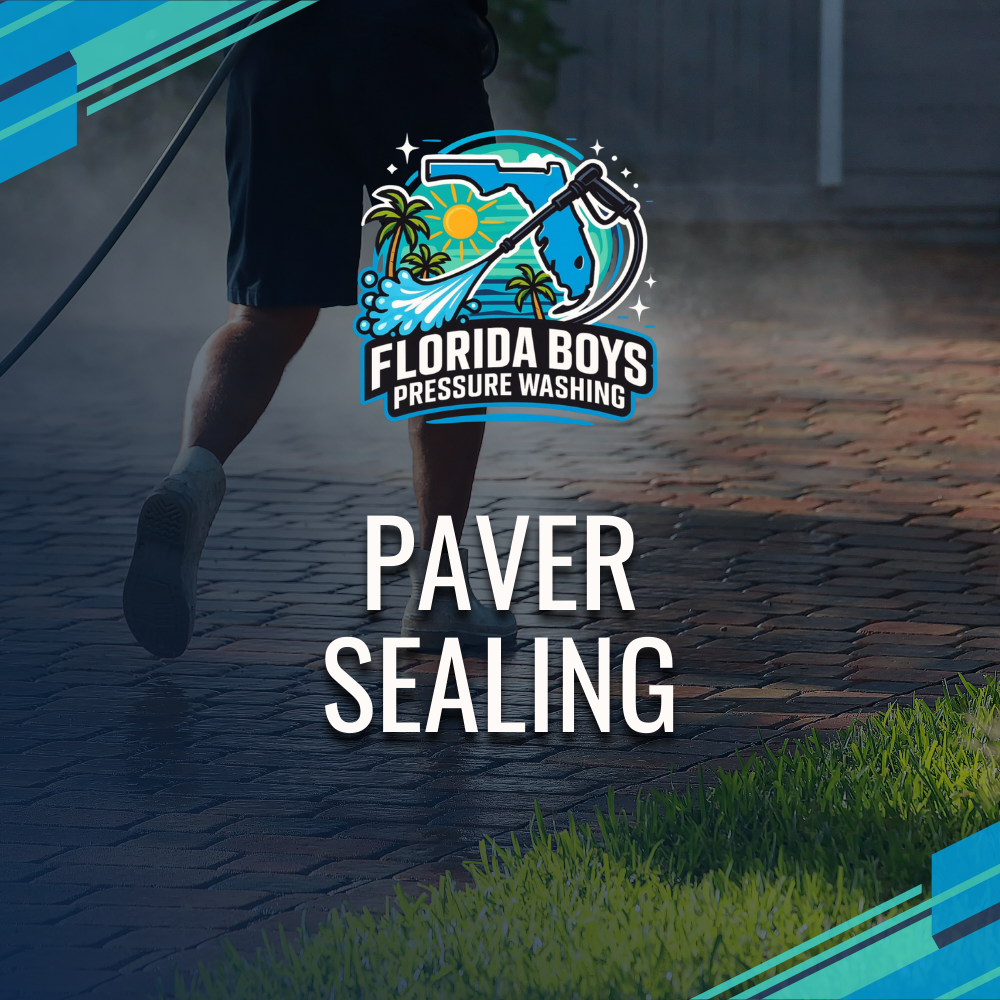 Man power washing pavers; logo for Florida Boys Pressure Washing with