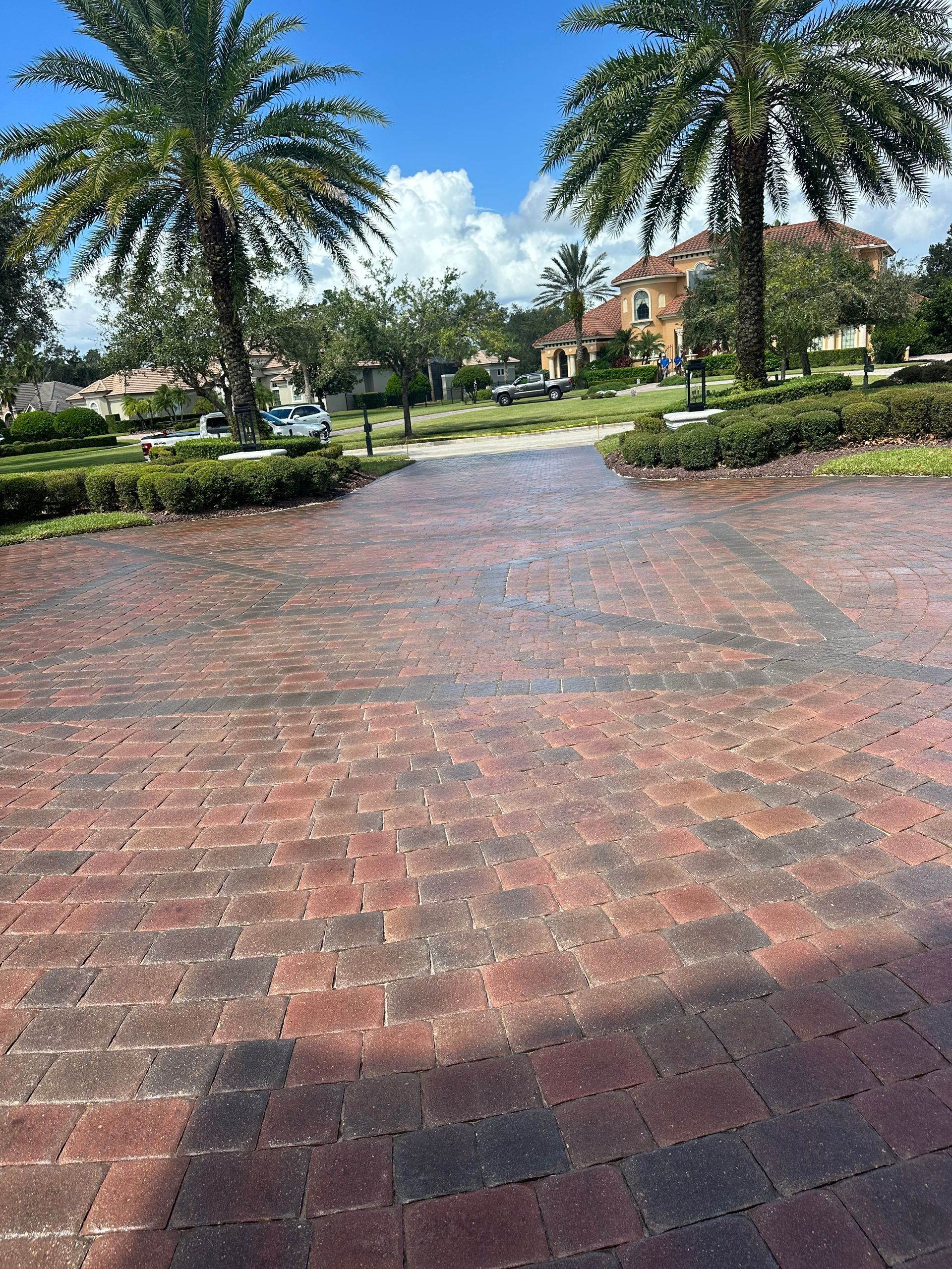 A brick driveway with palm trees in the background