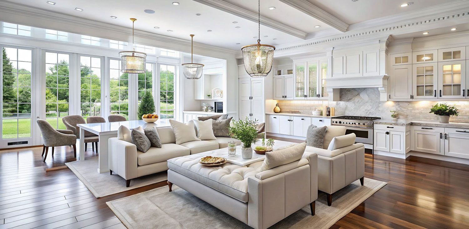 Bright open-plan living room and kitchen with white sofas, wood floors, and large windows overlooking greenery