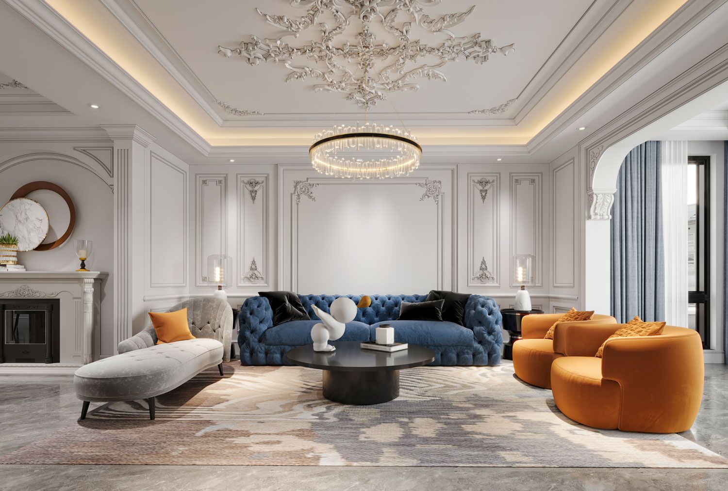 Elegant gray living room with a blue sectional, orange chairs, chandelier, and ornate ceiling details
