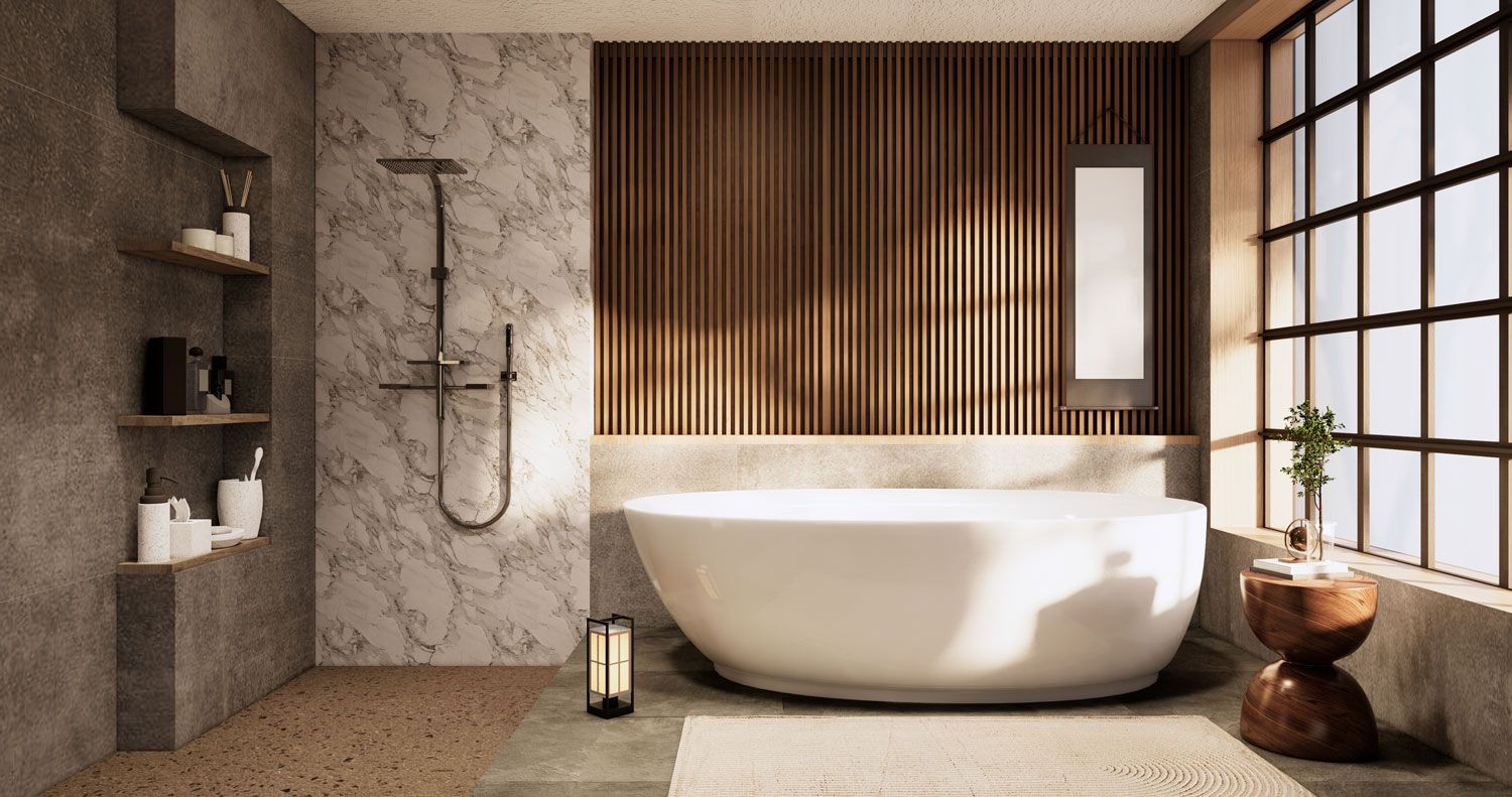 Modern spa bathroom with freestanding white tub, stone walls, wood slat window, and soft lighting
