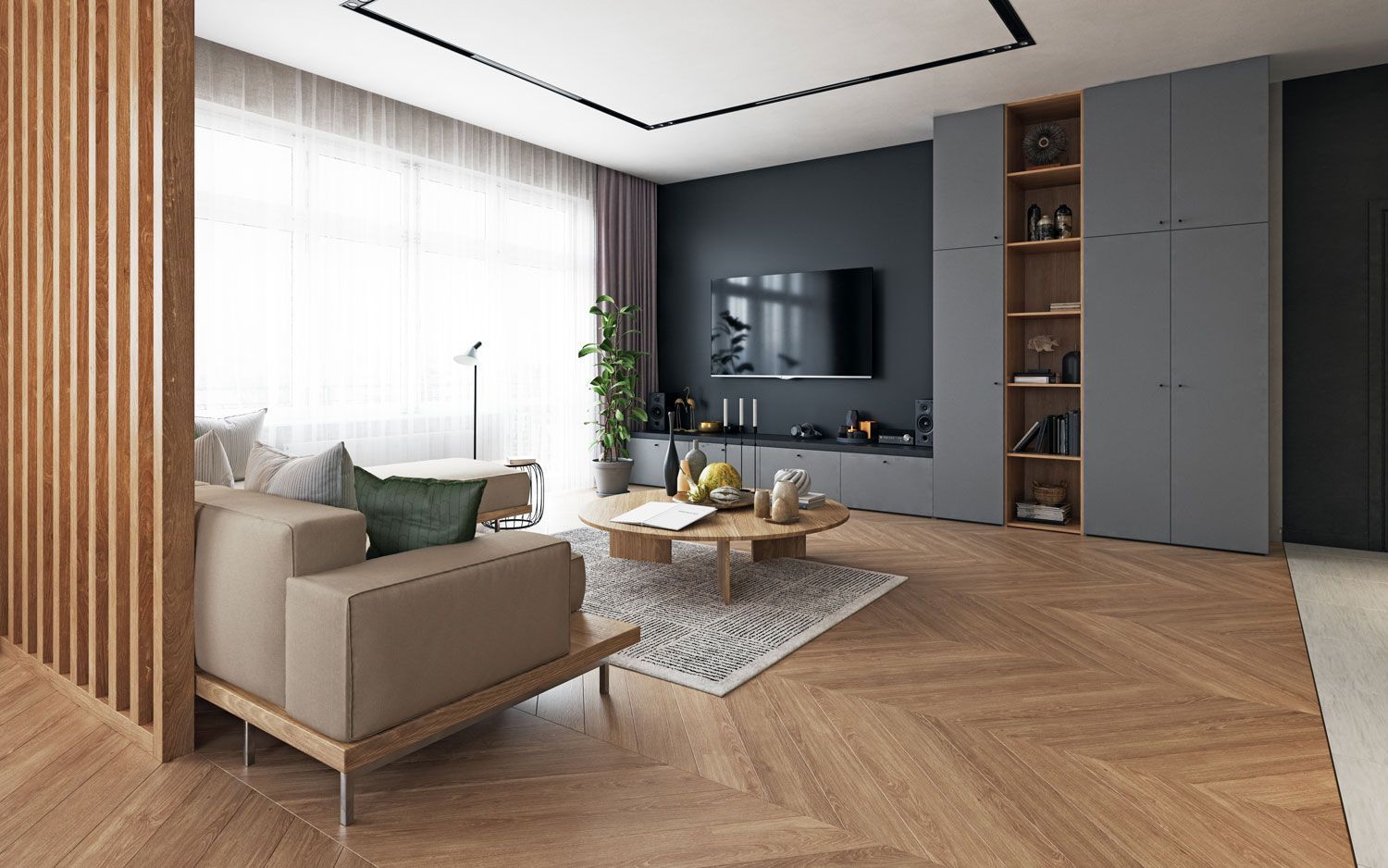 Modern living room with beige sofa, wall-mounted TV, wooden floor, and large windows with sheer curtains
