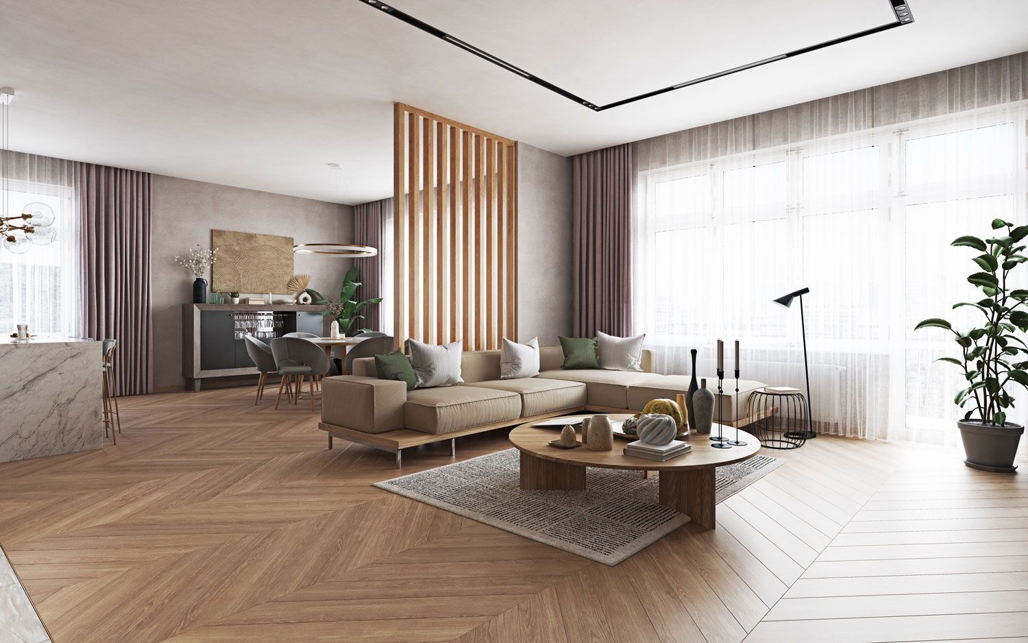 Modern open-plan living room with sofa, coffee table, tall windows, and warm wood flooring