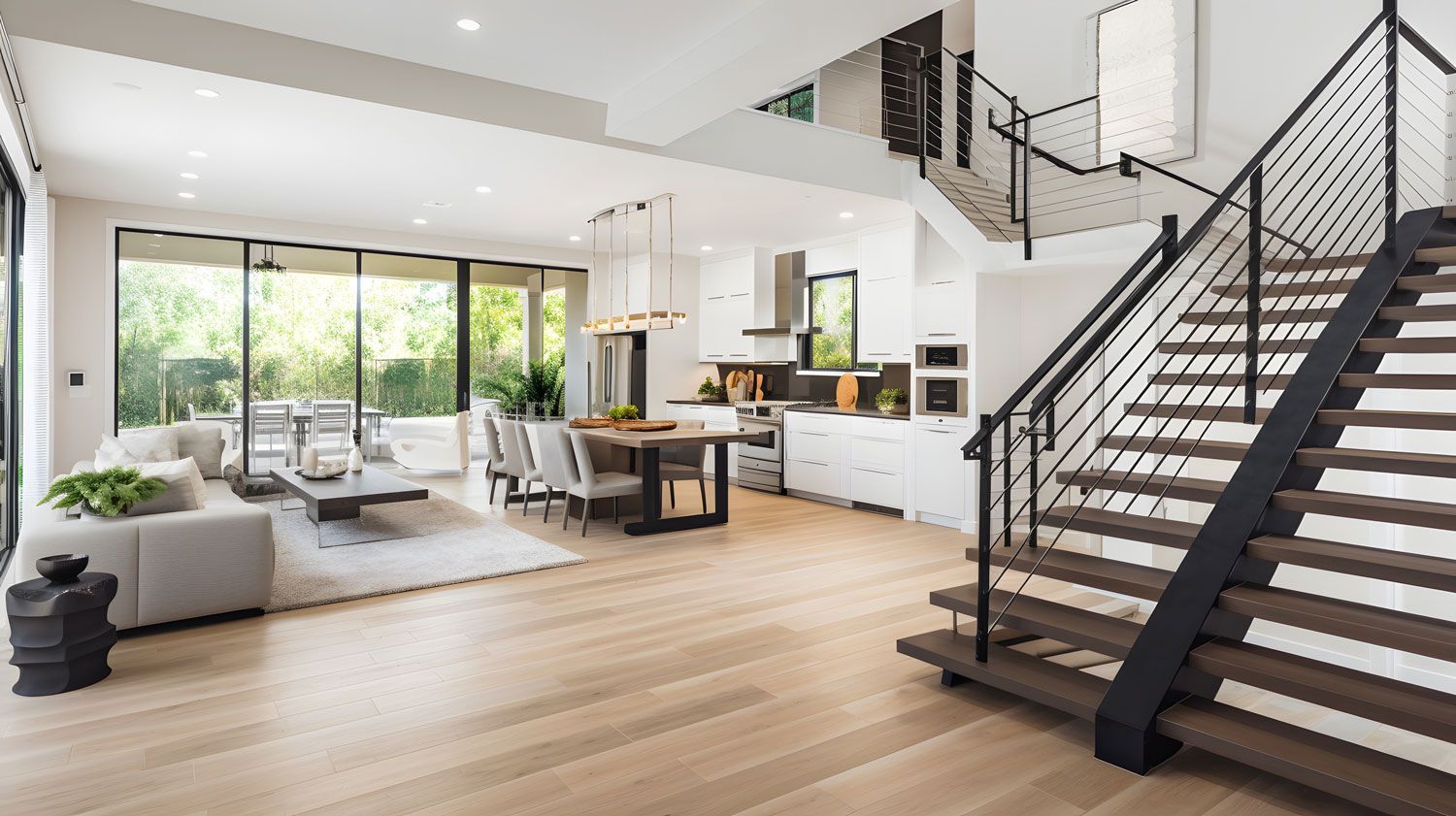 Bright open-plan living room with kitchen, loft stairs, and large windows overlooking greenery