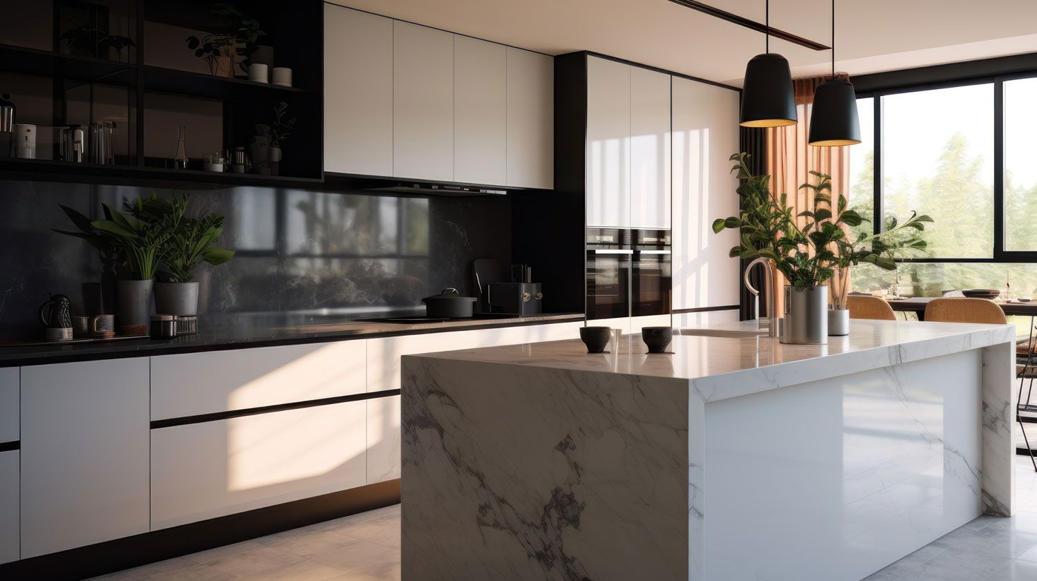 Modern kitchen with marble island, black cabinetry, and large windows overlooking greenery
