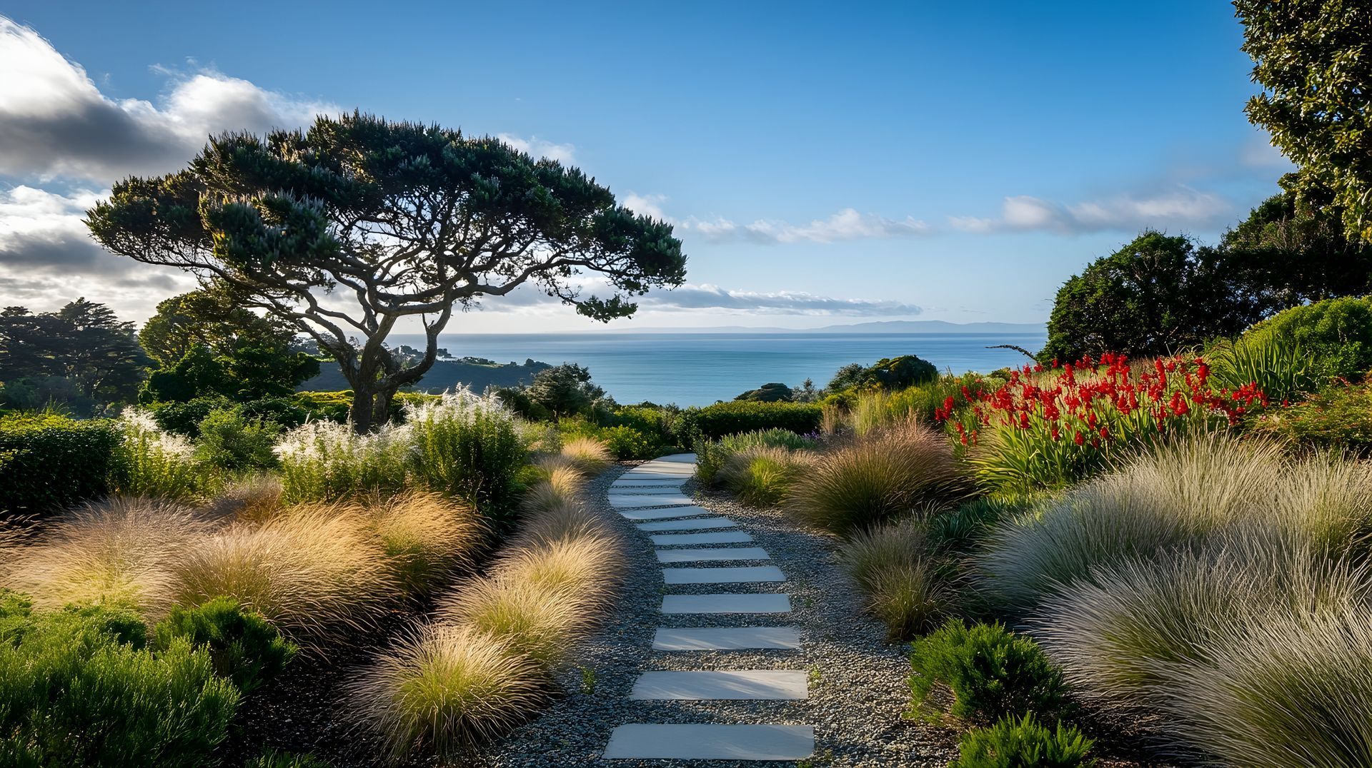 Stone path through a lush coastal garden with wildflowers, trees, and ocean under a blue sky