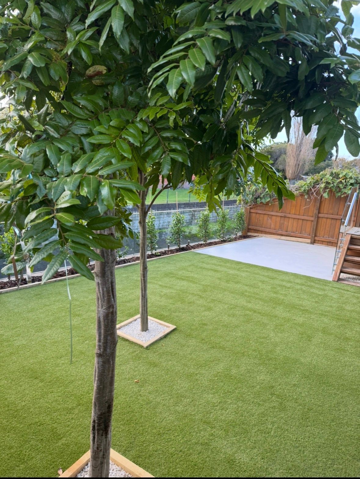 Lush garden with green lawn and colorful flower beds among palm trees