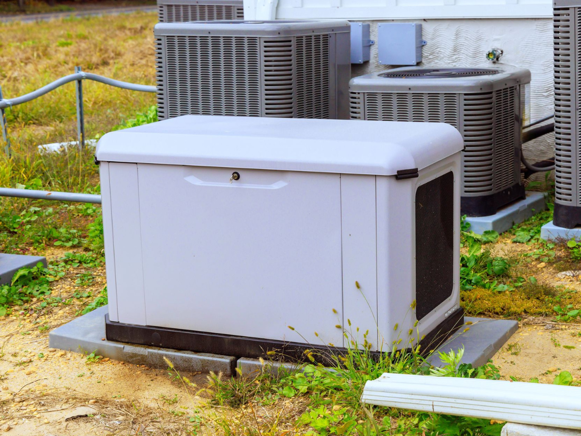 Gray generator box next to several air conditioning units, in a grassy yard.