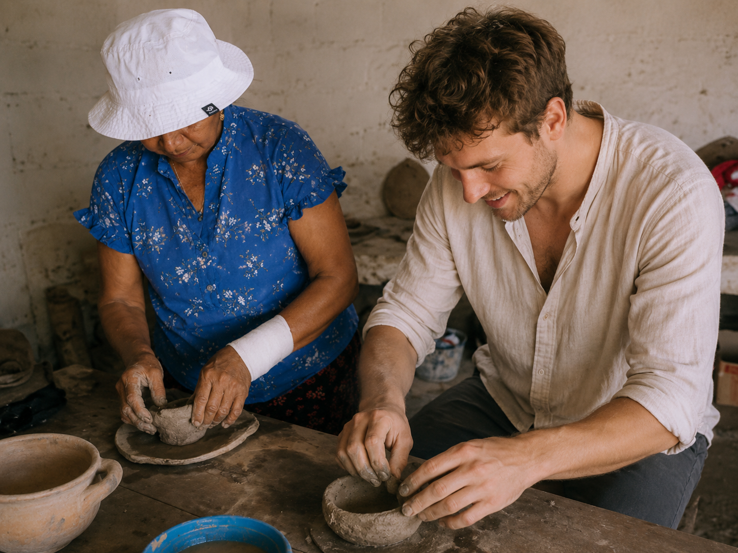 Cestería y tejidos ancestrales
En Barichara, muchas de las tradiciones artesanales continúan vivas gracias al trabajo de mujeres y familias que han dedicado su vida a preservar los saberes ancestrales de la región.
Todo es elaborado completamente a mano: desde el tratamiento de las fibras naturales hasta el tejido final de tapetes, bolsos y piezas decorativas. Los antiguos telares, las fibras colgando en las casas coloniales y el ambiente tranquilo de los talleres crean una experiencia auténtica y profundamente humana.
Con Baiatour Travel, los viajeros tienen la oportunidad de compartir con artesanas locales y descubrir historias de vida inspiradoras alrededor del trabajo artesanal.
Durante las experiencias culturales, es posible conocer a mujeres como Doña Janeth, quien trabaja la fibra de plátano en los alrededores del Camino Real hacia Guane. A través de sus manos, esta tradición continúa transmitiéndose de generación en generación, conservando técnicas ancestrales que forman parte de la identidad rural del Santander.
También es posible visitar a Doña Eulalia, artesana especializada en cestería tradicional elaborada con fibras naturales y lianas de la región. Sus canastos, lámparas y tejidos reflejan años de experiencia y una profunda conexión con la naturaleza.
Más que talleres artesanales, estos encuentros representan momentos de intercambio cultural, memoria y tradición. Cada pieza elaborada cuenta una historia y cada conversación permite descubrir el verdadero espíritu de Barichara y sus comunidades.