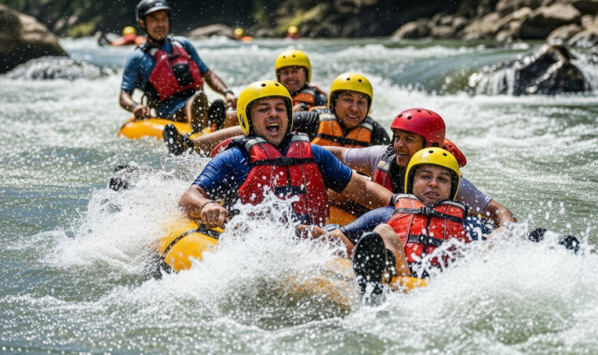 Gente haciendo rafting en un río.