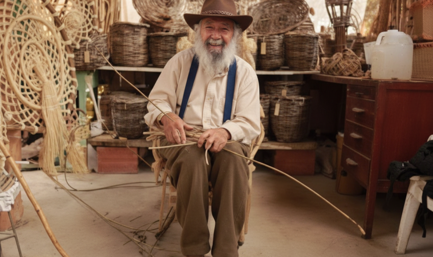 Hombre tejiendo cestas, sonriendo, en un taller lleno de cestas.
