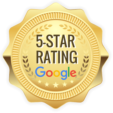 Gold badge reading “5-STAR RATING” with the Google logo and five stars.