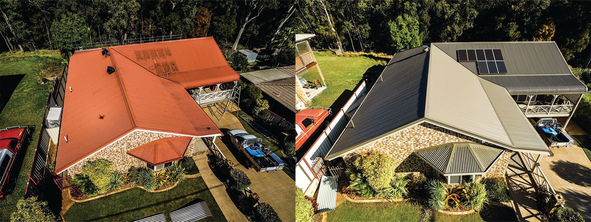 Aerial view of two neighboring houses with red and gray roofs, surrounded by trees and greenery.