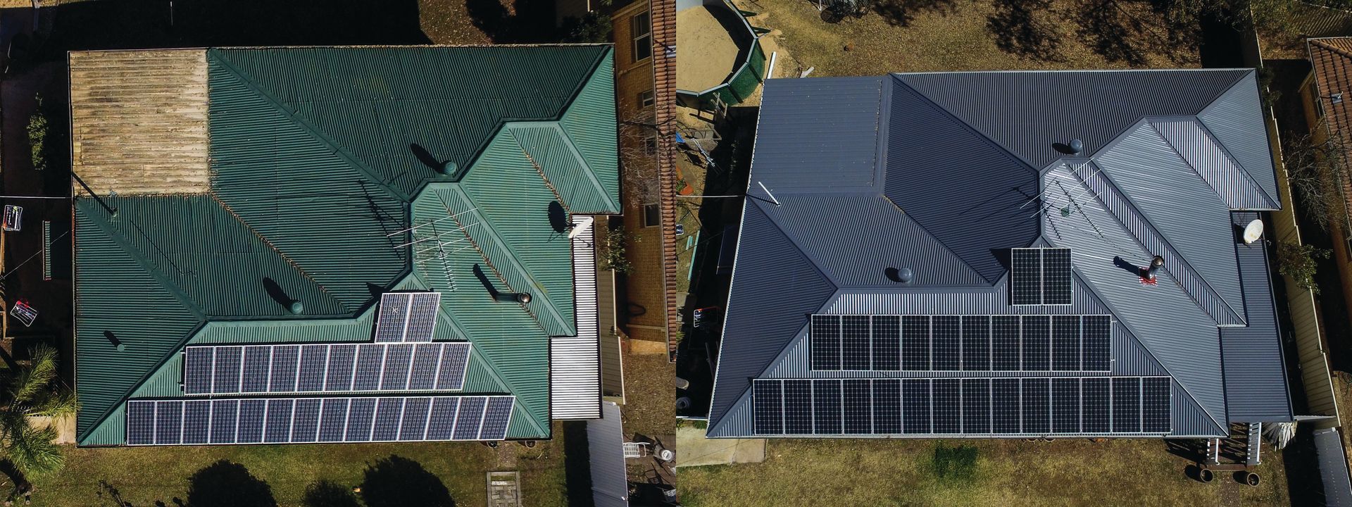 Aerial view of two rooftop solar panel installations on dark roofs, each surrounded by green foliage.
