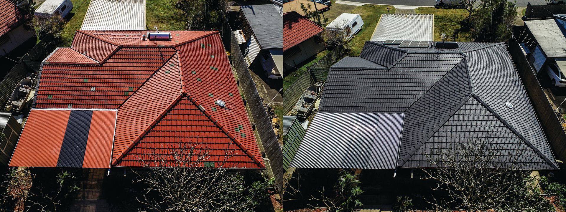 Side-by-side roofs: red tiled roof on left, dark gray tiled roof on right, with trees and houses around them