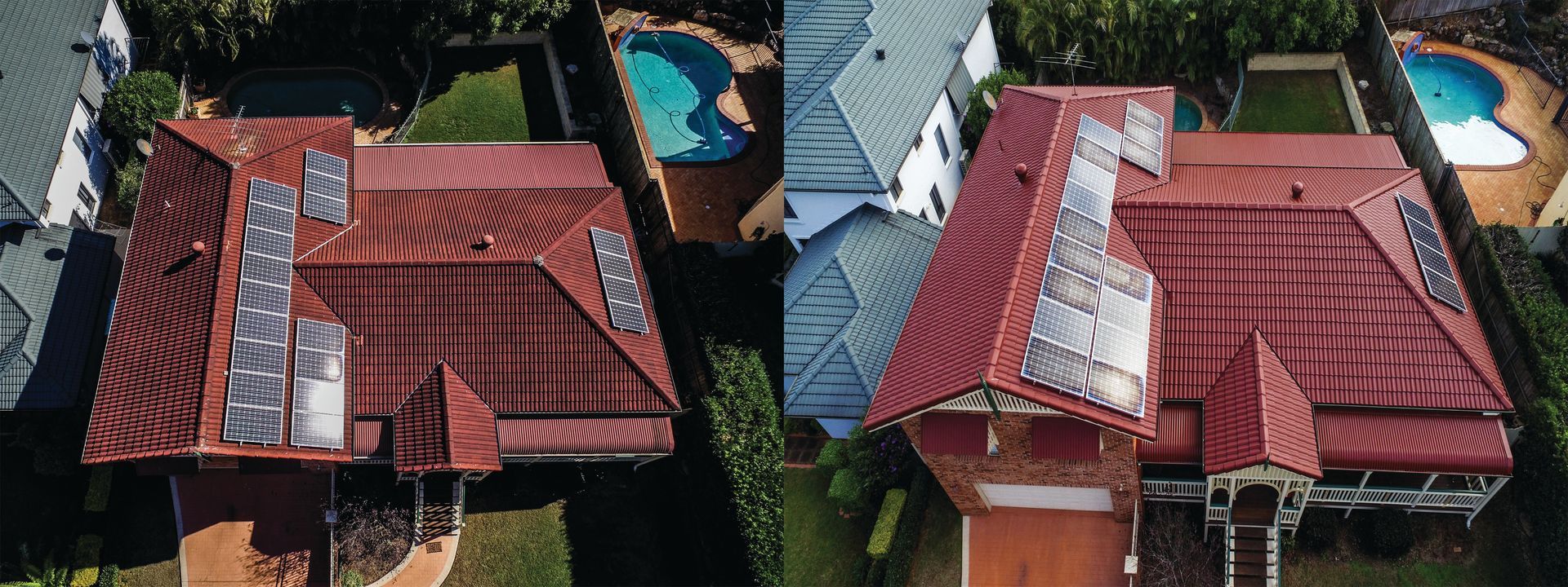 Aerial view of two red-roofed houses side by side in a neighborhood.