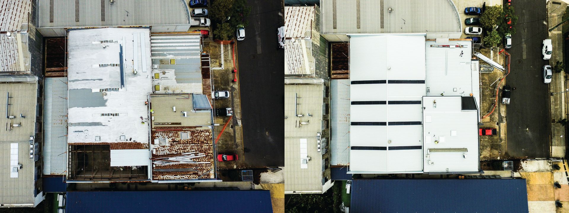 Aerial view of two white-roofed industrial buildings with surrounding lots and roads.