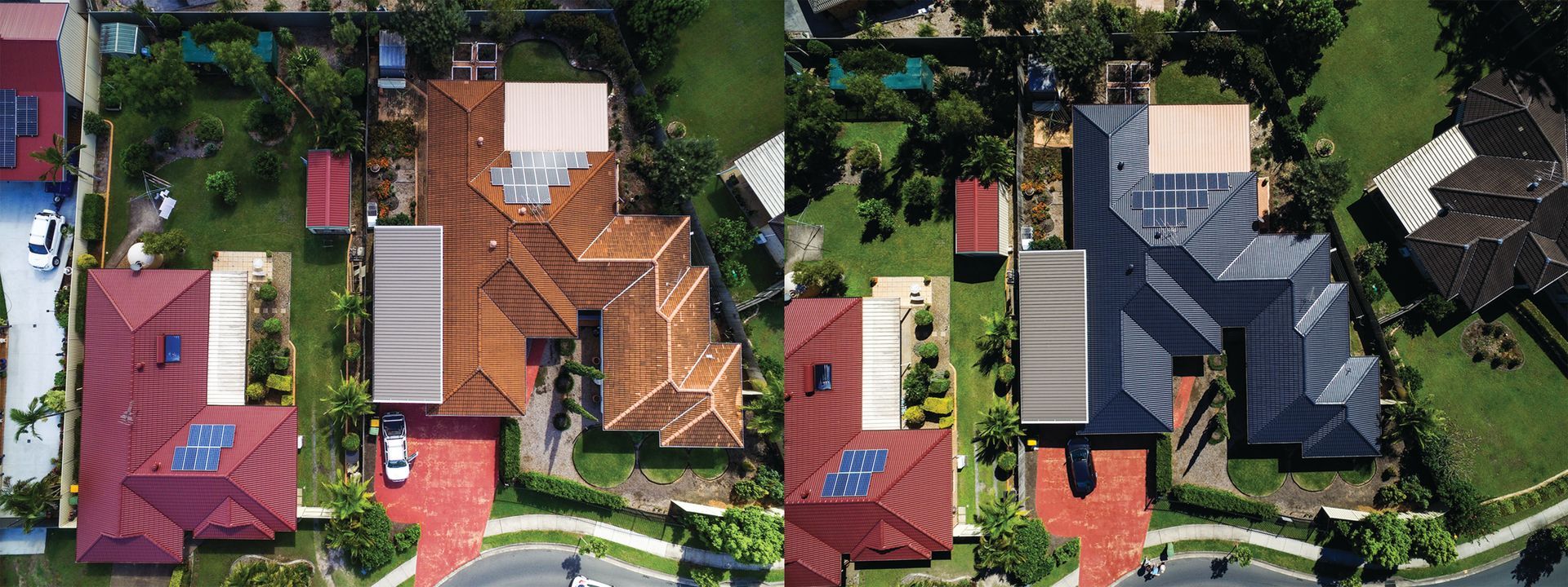 Aerial view of several houses with red and gray roofs in a leafy suburban neighborhood