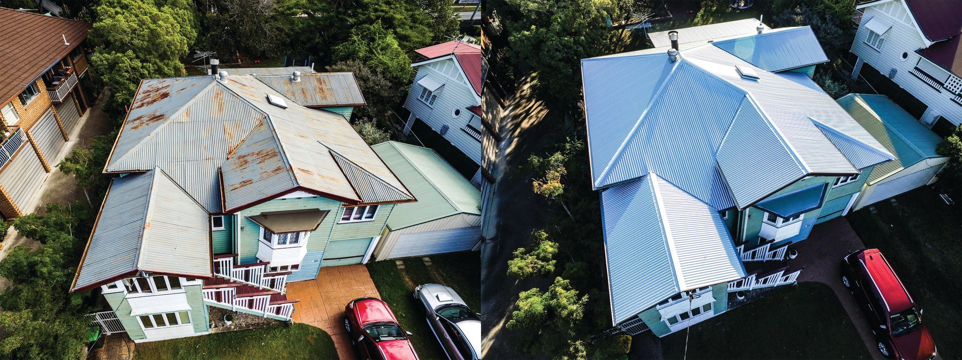 Aerial view of two houses with damaged roofs, one covered by a blue tarp, surrounded by trees and parked cars